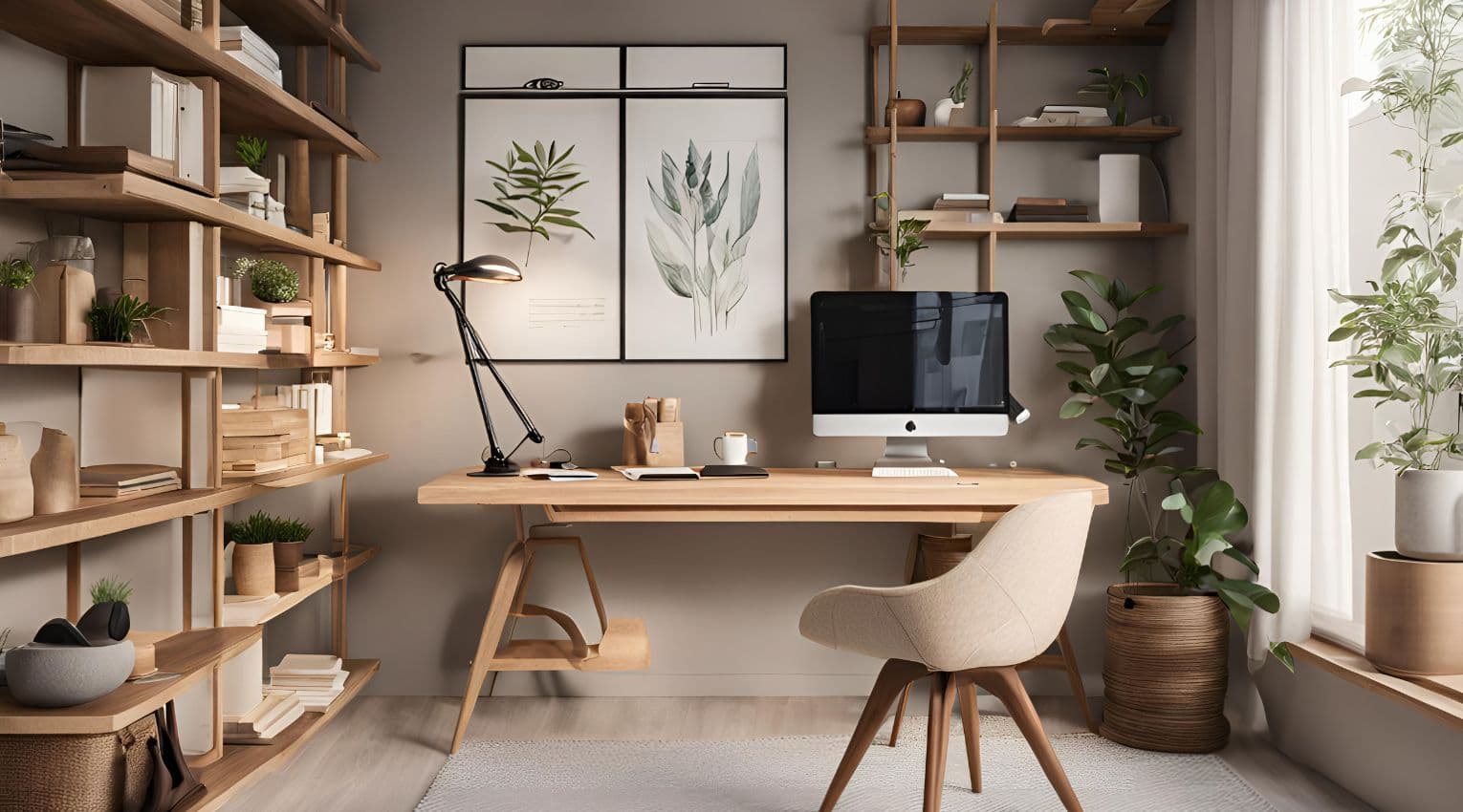modern home office with wood furniture