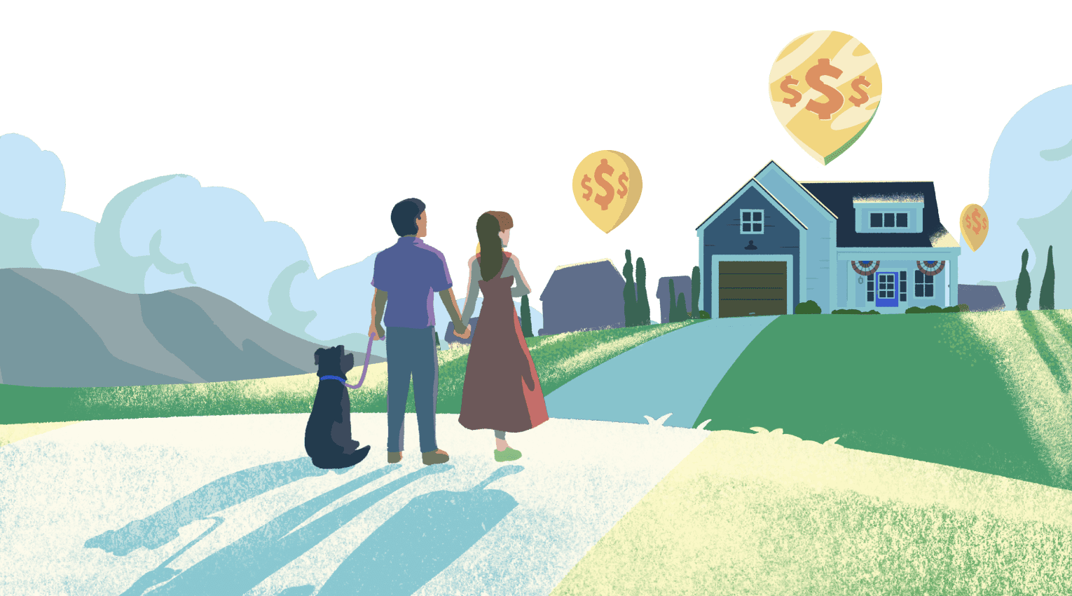 illustrations of family in front of home